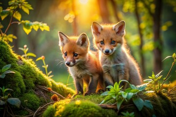 Whimsical fox cubs playfully discover hidden wonders in a tranquil forest clearing surrounded by vibrant foliage, moss-covered branches, and warm golden light.