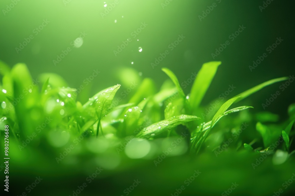 Poster vibrant greenery with raindrops sparkling in natural light, creating a serene and refreshing atmosph