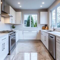 Fototapeta premium Spacious kitchen with sleek countertops, no clutter, soft natural light, wide-angle view, shot on Sony a7 III