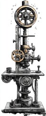 Fototapeta premium Vintage mechanical machine featuring gears and wheels, showcasing industrial design and engineering craftsmanship.