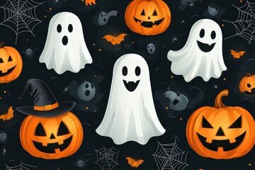 Spooky Halloween scene with ghostly figures, pumpkins, and spider webs