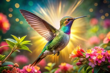 Obraz premium Vibrant hummingbird twirls among radiant blooms, iridescent feathers glistening, as delicate petals sway in harmony, bathing in warm sunlight within a lush, tropical garden oasis.