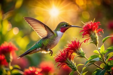 Fototapeta premium Delicate hummingbird sips nectar from crimson blooms, its iridescent feathers glowing in warm golden light, amidst lush green foliage in a serene natural setting.