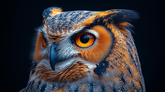 Close-up of Majestic Owl with Orange Eyes Generative AI