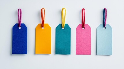A row of vibrant sale tags, isolated on a white background.