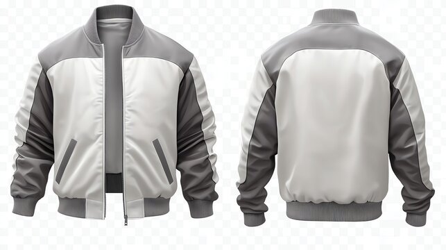 White and grey bomber jacket mockup isolated on transparent background.