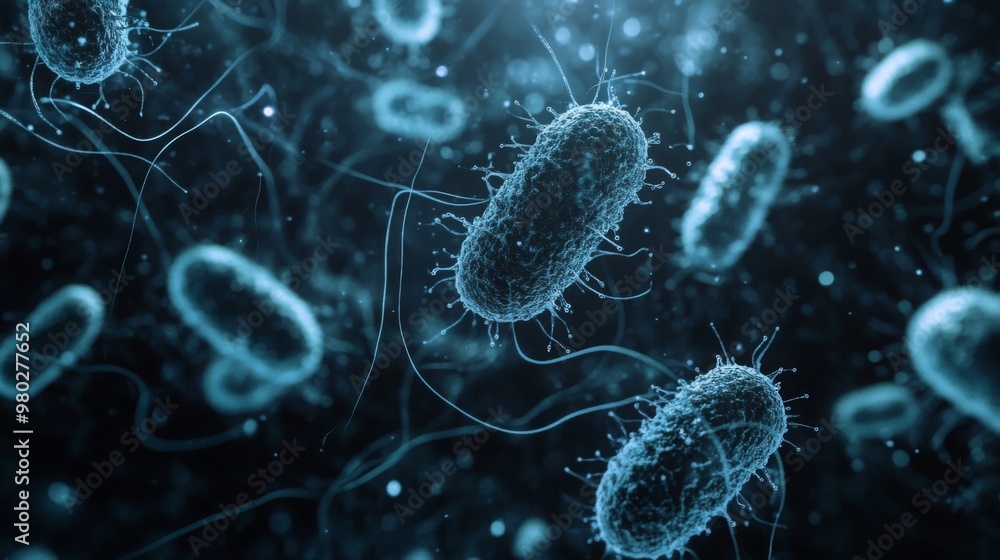 Leinwandbilder a digital rendering of bacteria, showing their elongated, rod-shaped structure, with a dark blue col