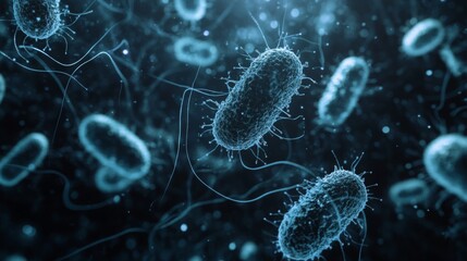 A digital rendering of bacteria, showing their elongated, rod-shaped structure, with a dark blue color and fuzzy edges. Several bacteria are in focus, with some out of focus in the background.