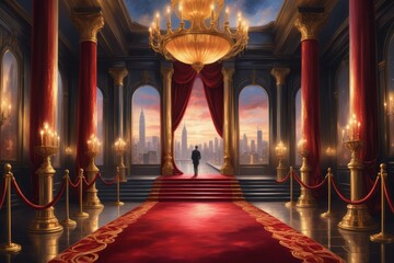 Ancient red carpet, winding through a grand church, illuminated by stained glass, leading to a gilded altar
