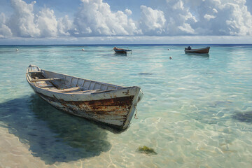 A serene coastal scene featuring boats on clear water under a cloudy sky.