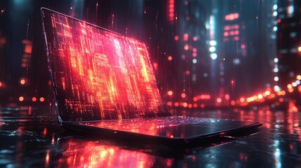 Futuristic Digital Laptop with Neon Red Matrix in the Rainy Cityscape Generative AI