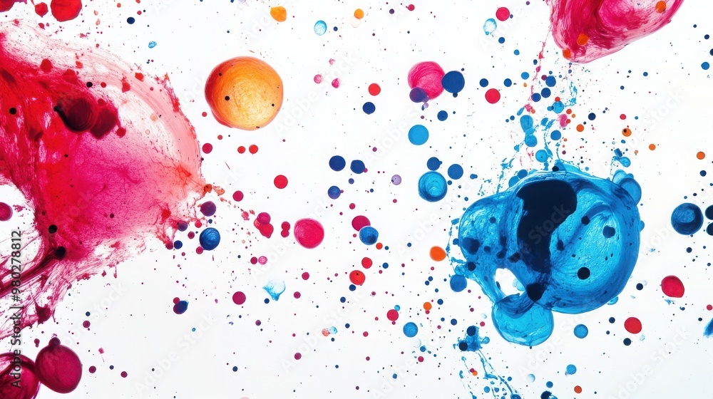 Poster a vibrant abstract design with colorful splashes and bubbles, perfect for artistic and creative proj
