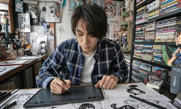 Manga artist at work. A mid-shot of a young manga artist, focused, drawing on a tablet or sketching pad in a studio filled with character sketches, figurines, and bookshelves stacked with manga. 