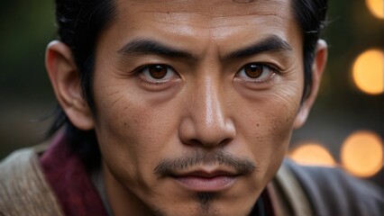 A close-up portrait of a man with dark hair, mustache, and a serious expression, set against a blurred background of orange lights.