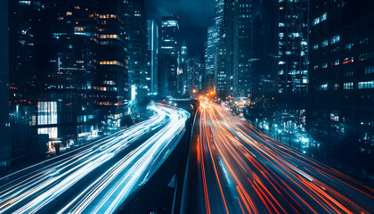Obraz premium A bustling city at night, with skyscrapers illuminated and traffic creating streaks of light