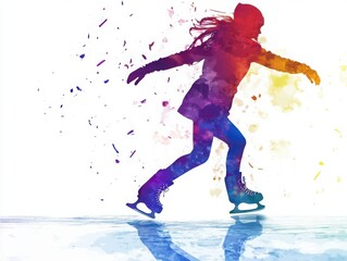 A vibrant silhouette of a girl gracefully ice skating, surrounded by colorful splash effects, embodying joy and movement.