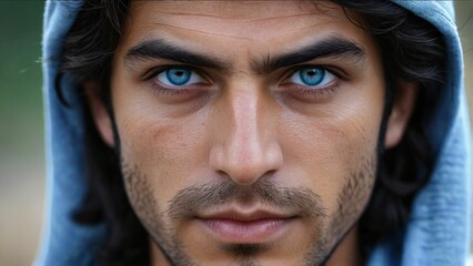 Obraz premium A man with dark hair, blue eyes, and a beard gazes directly at the camera, wearing a blue hoodie.