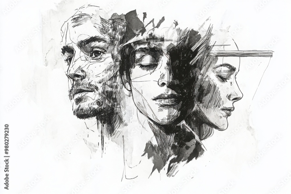 Poster artistic illustration of three diverse faces showcasing emotion and expression through sketchy lines