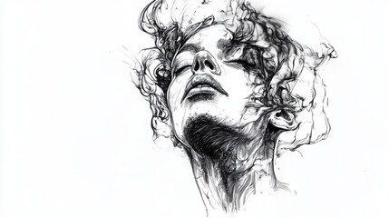 Fototapeta premium Artistic portrait of a woman with flowing hair, capturing emotion and serenity through intricate pencil sketching.