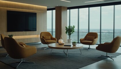 Fototapeta premium A stylish modern office lobby with bright city views and vibrant decor 101