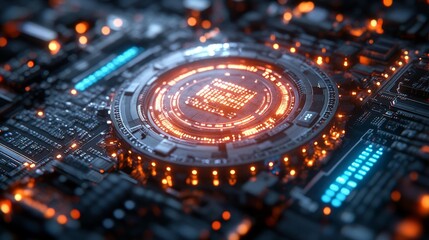Futuristic Circuit Board with Glowing Elements Generative AI