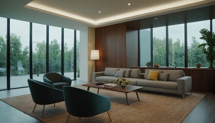 Fototapeta premium A stylish modern office lobby with bright city views and vibrant decor 94