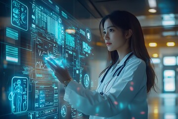Doctor uses holographic AI interface for clinical analysis, merging tech with healthcare.