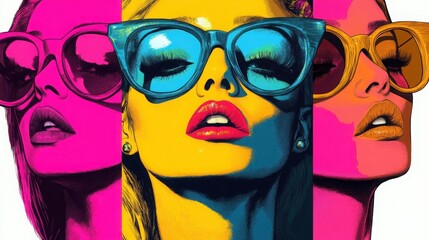 Vibrant portrait of a stylish woman in oversized sunglasses, featuring bold colors and modern artistic flair.