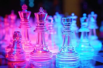 Vibrant, illuminated chess pieces create an enchanting atmosphere, showcasing strategy and elegance in a modern design.