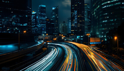 Obraz premium A bustling city at night, with skyscrapers illuminated and traffic creating streaks of light