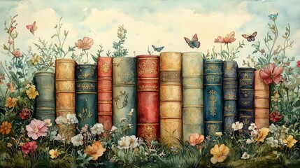 Vintage Books in a Flower Garden Generative AI