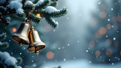 Golden Christmas bells hanging on snowy evergreen branches, with soft bokeh lights in the background