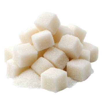A close-up view of a pile of white sugar cubes, showcasing their glossy texture and uniform shape, ideal for culinary and beverage imagery. transparent background
