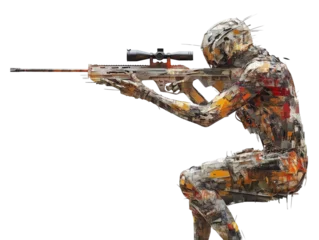 Fotobehang Abstracte kunst A dynamic art piece depicting an abstract figure aiming a sniper rifle, showcasing a blend of colors and forms. transparent background  © Jeannaa