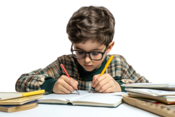 A focused young boy wearing glasses engages in writing and drawing on a blank page surrounded by books. transparent background