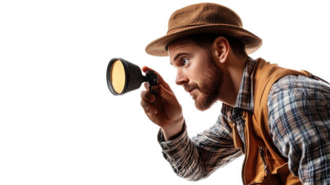 A curious man examines an object with a flashlight, showcasing focus and attention to detail in a vintage-inspired costume. transparent background