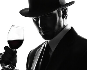 A mysterious man in a suit holding a glass of red wine, exuding elegance and sophistication in a dramatic black and white scene. transparent background