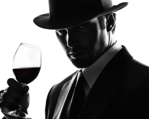 A mysterious man in a suit holding a glass of red wine, exuding elegance and sophistication in a dramatic black and white scene. transparent background