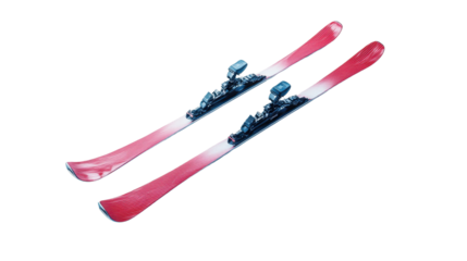 A pair of bright red skis with bindings, perfect for winter sports enthusiasts looking to hit the slopes and enjoy snow-covered mountains. transparent background