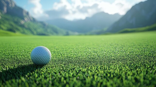 Golf ball on a green grassy field with a mountain backdrop