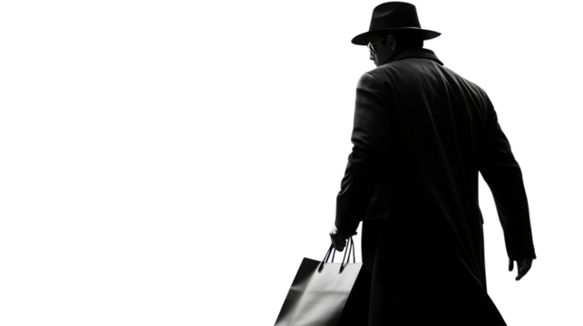 A mysterious figure in a trench coat and hat walks away, holding a shopping bag, creating an aura of intrigue and suspense. transparent background