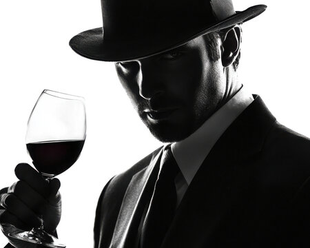 A mysterious man in a suit holding a glass of red wine, exuding elegance and sophistication in a dramatic black and white scene. transparent background