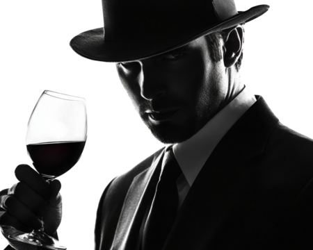 A mysterious man in a suit holding a glass of red wine, exuding elegance and sophistication in a dramatic black and white scene. transparent background