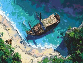 Pixel pirate, treasure map, 8bit art style, vibrant colors, topdown game perspective, detailed pixels, adventurous scene, retro maritime feel