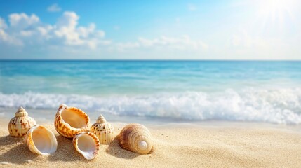 seashells on Sandy Beach / seashore, beach holiday Vacation background with generative ai