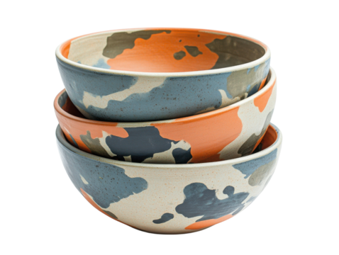 set three stylish ceramic bowls camo design, perfect serving salads, snacks, as decorative pieces. transparent background