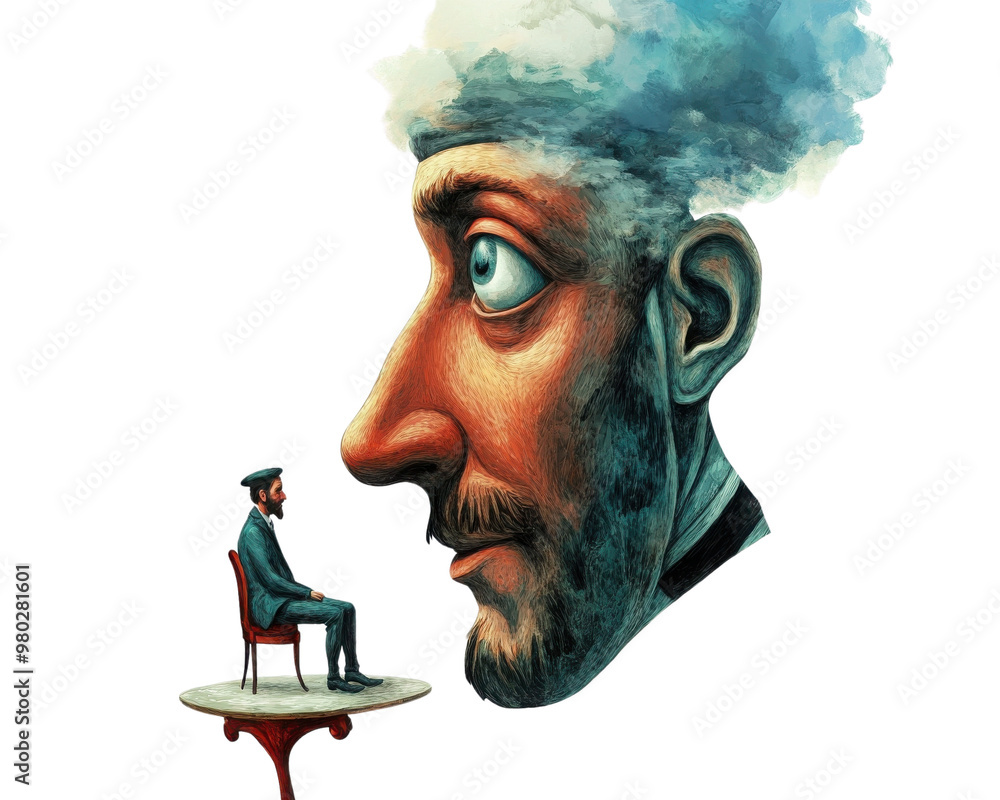 Poster a surreal artwork depicting a thoughtful man with an imaginative cloud for a head, exploring creativ