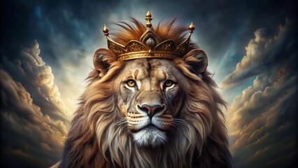 A regal lion's fierce expression beneath a intricately designed golden crown, set against a dramatic dark background, exudes power and authority in a mesmerizing pose.