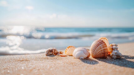 Obraz premium seashells on Sandy Beach / seashore, beach holiday Vacation background with generative ai