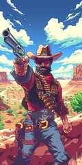 8bit cowboy, desert showdown, pixel art style, vibrant colors, topdown game perspective, detailed pixels, action pose, nostalgic Western feel